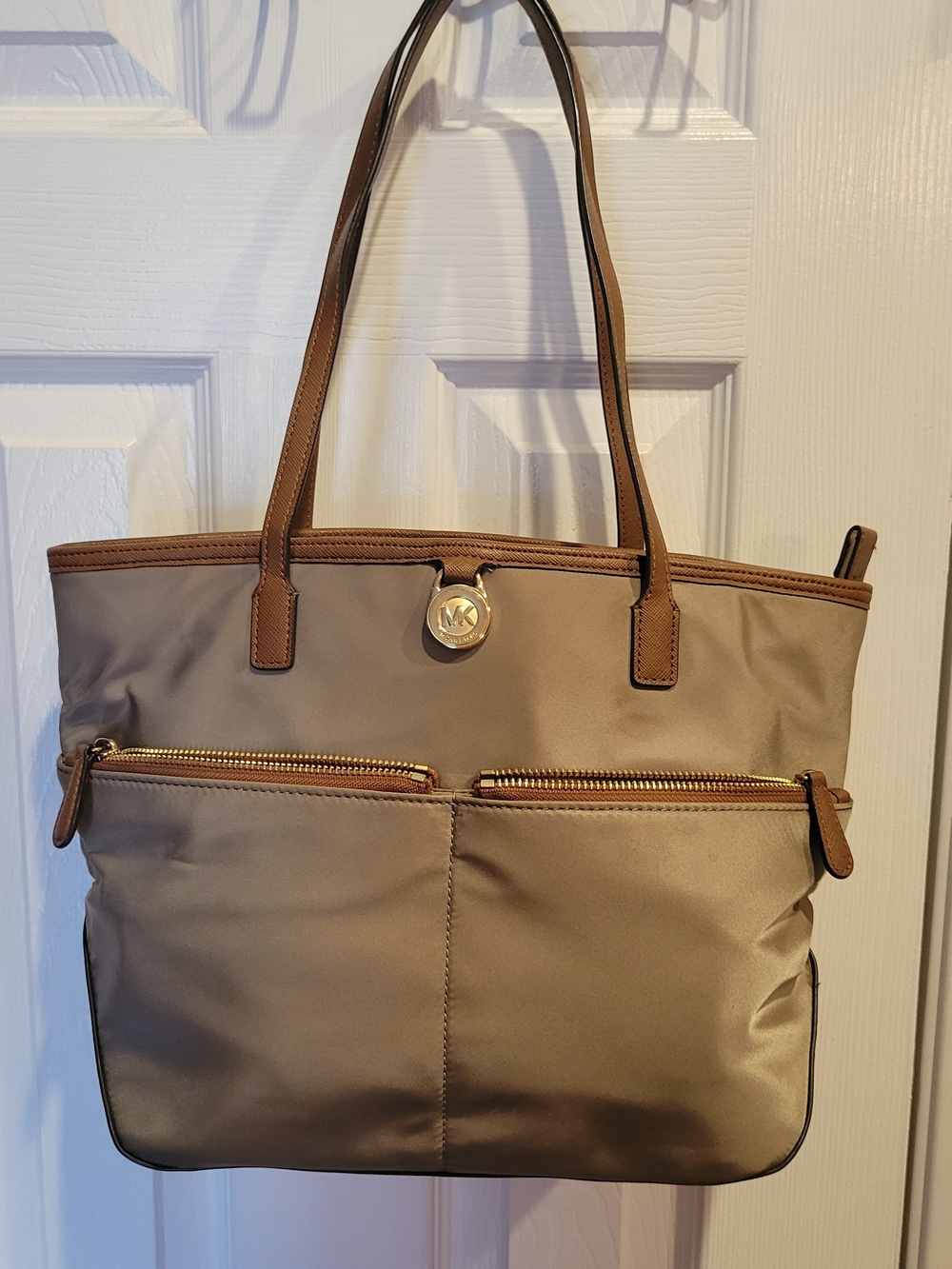 Michael Kors Taupe Tote with Brown Trim and Gold-Tone Accents